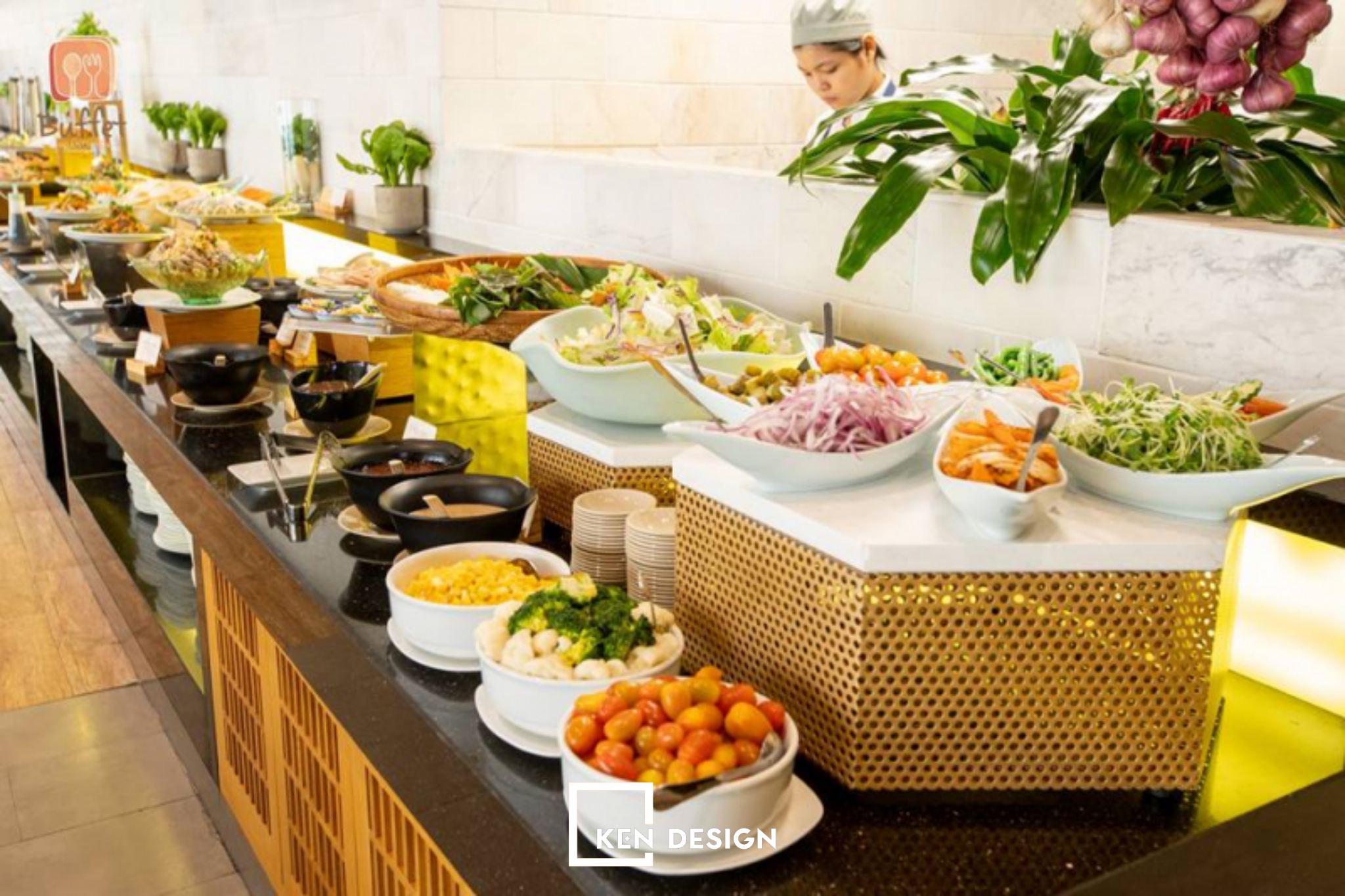 Mẫu thiết kế quầy buffet bằng gỗ trong nhà hàng 