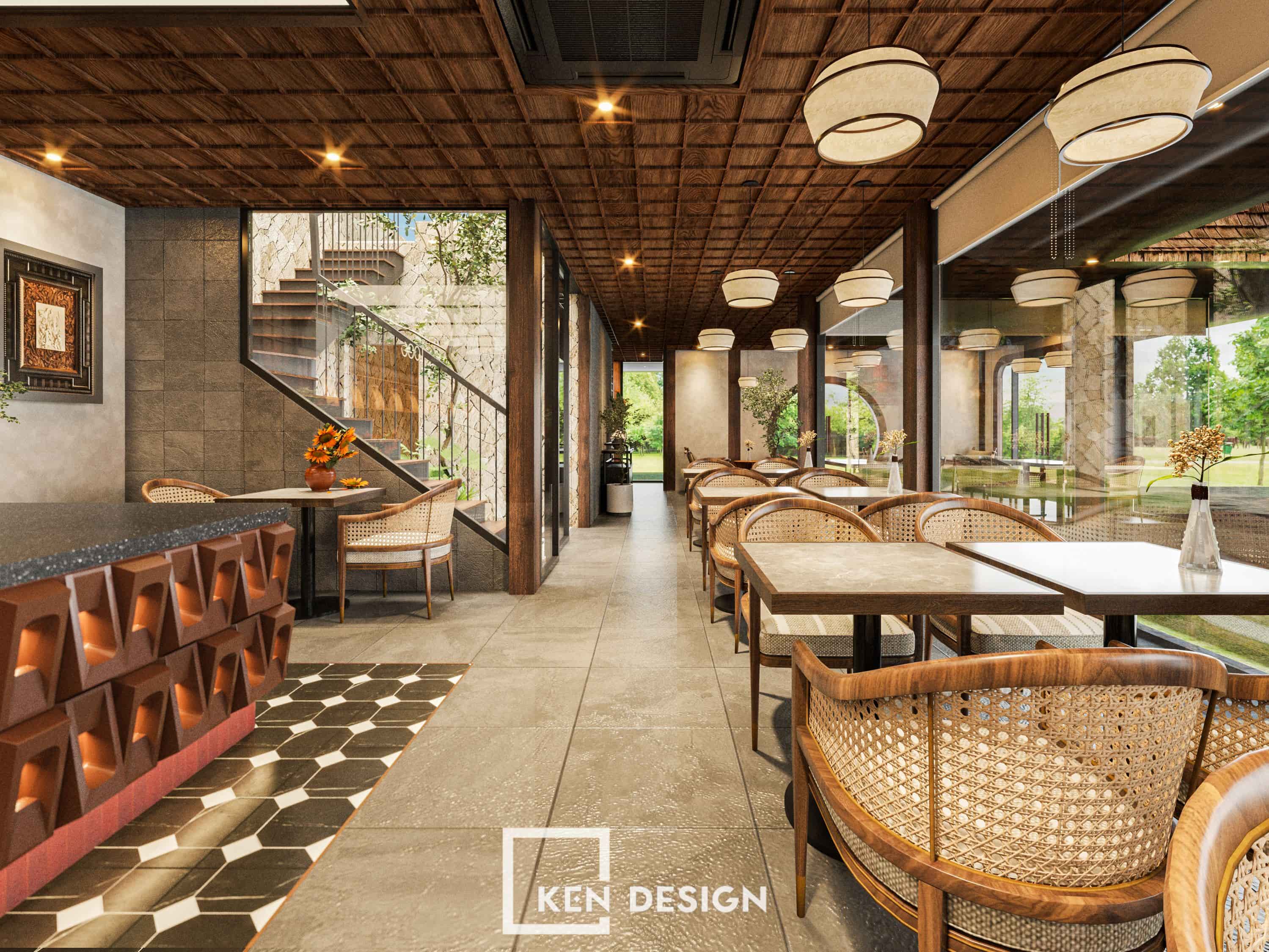 thiết kế cafe Làng Đại Học với lối đi giữa quầy bar và dãy bàn ghế mây