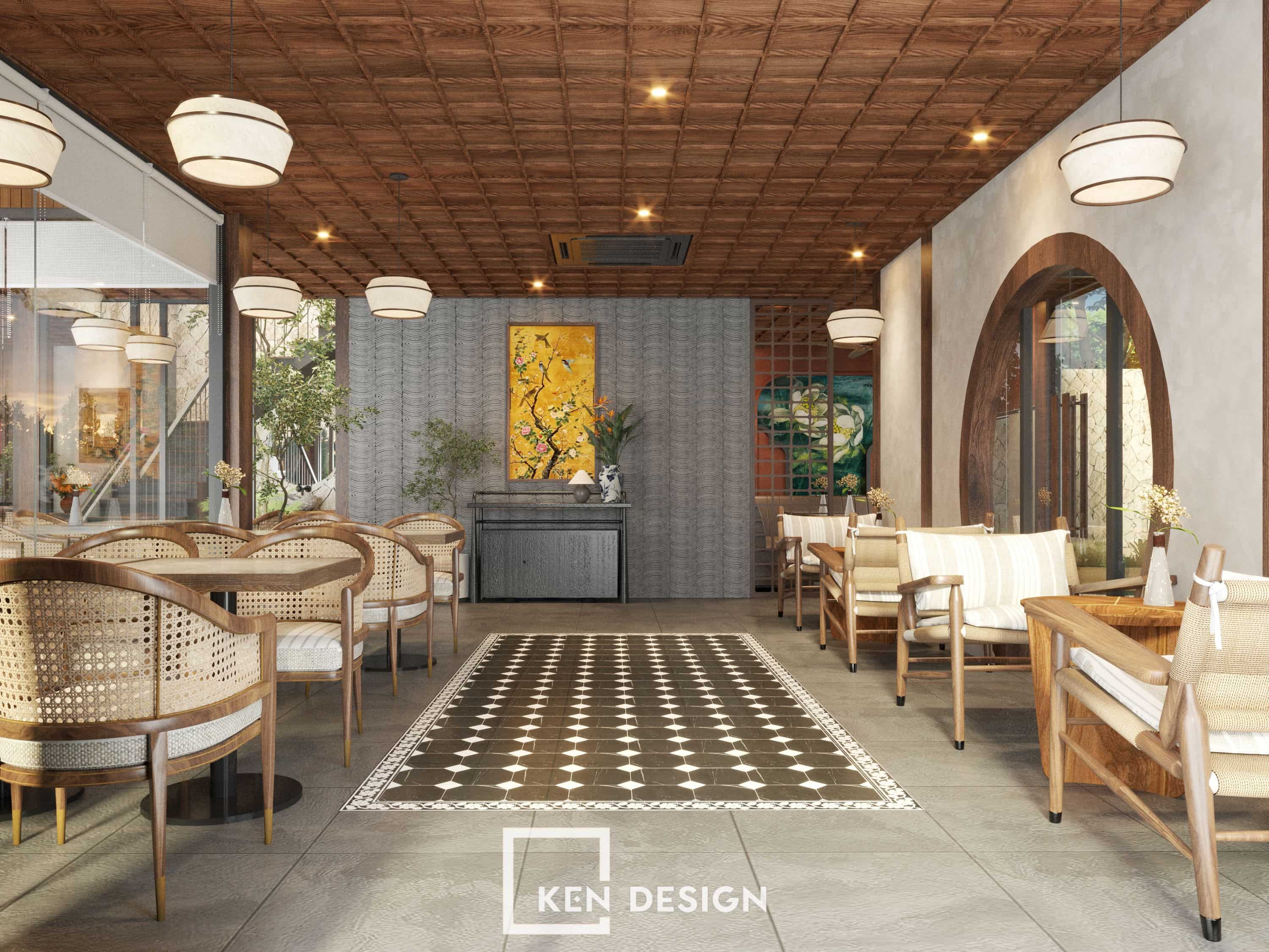 không gian thiết kế quán cafe Làng Đại Học với thảm gạch bông và tranh chim hoa