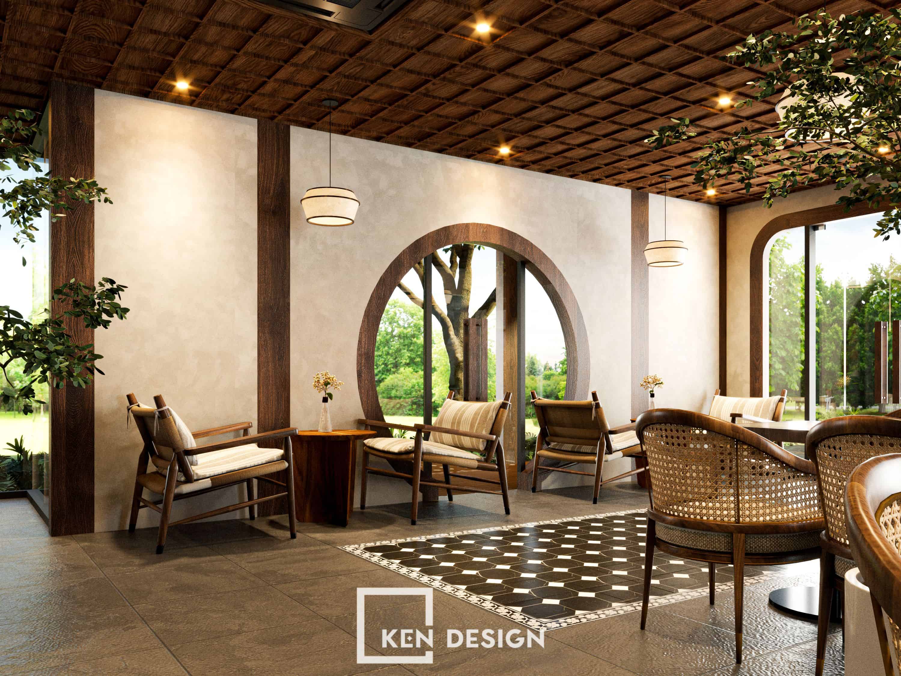 góc ghế bành bên vòm cửa tròn trong thiết kế quán cafe Làng Đại Học