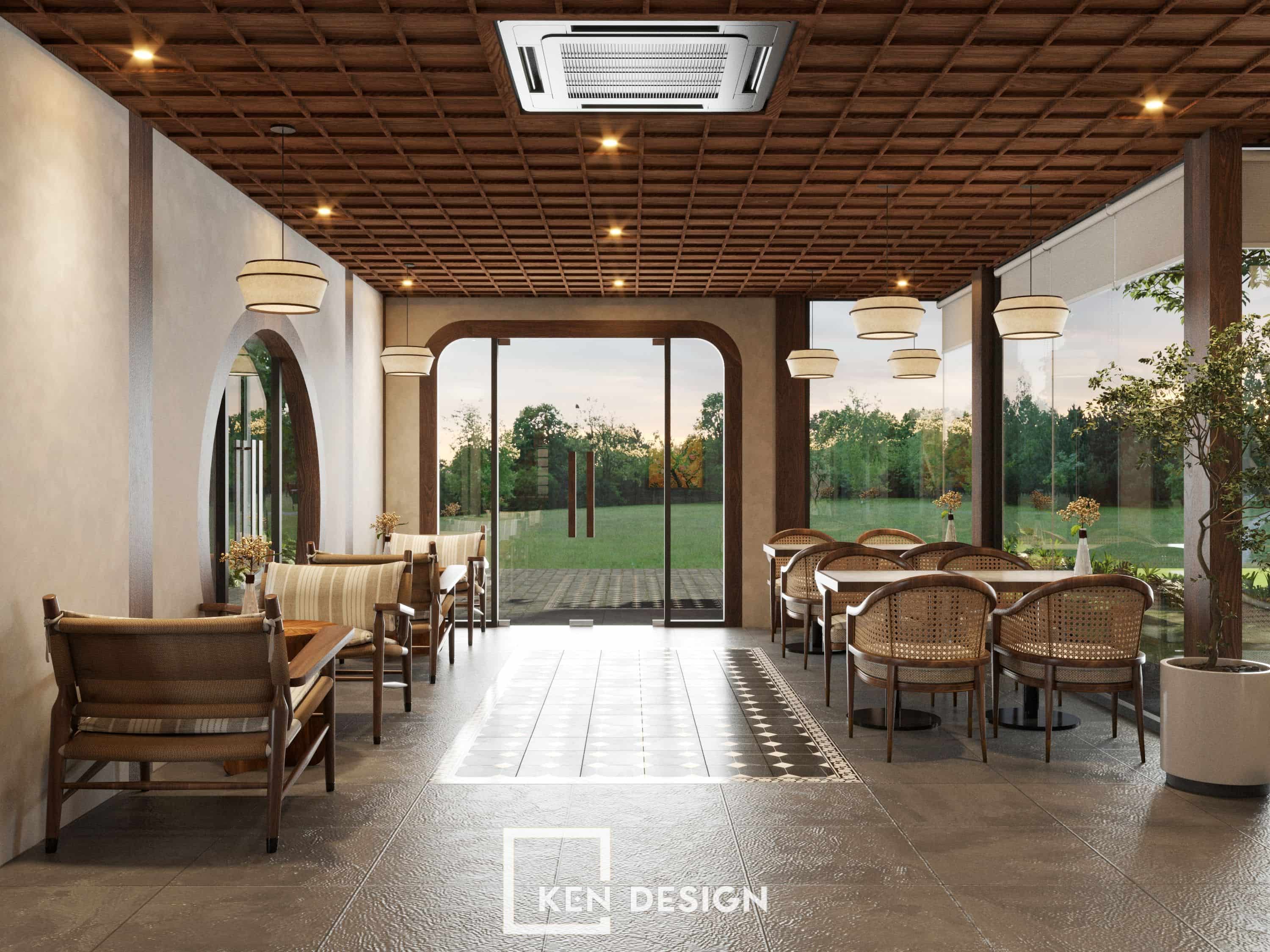 Ghế mây, trần gỗ ô vuông và đèn thả tạo nên nội thất trong thiết kế quán cafe Làng Đại Học ấm cúng.