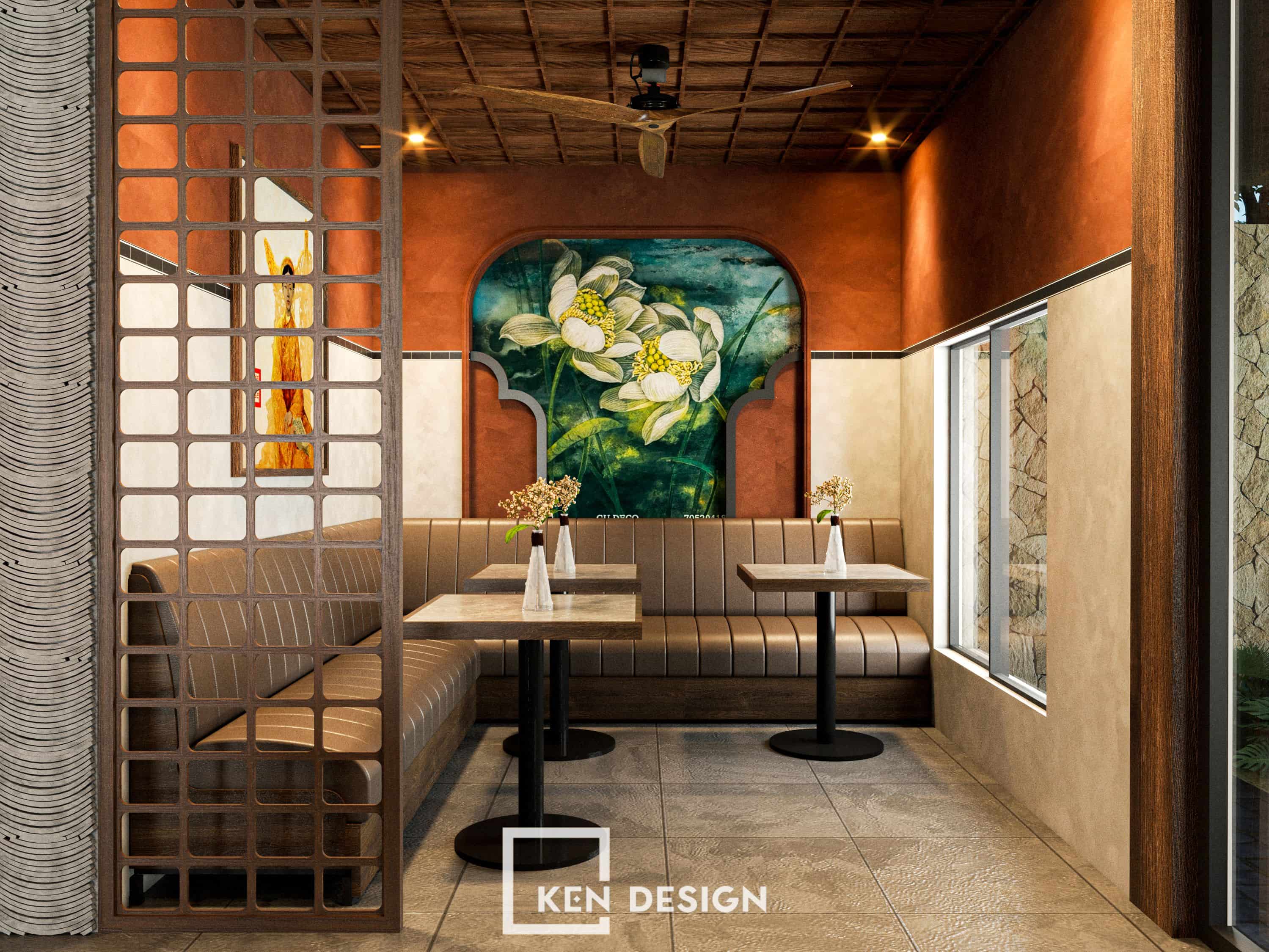 khu ghế booth da nâu và tranh sen trong thiết kế quán cafe Làng Đại Học