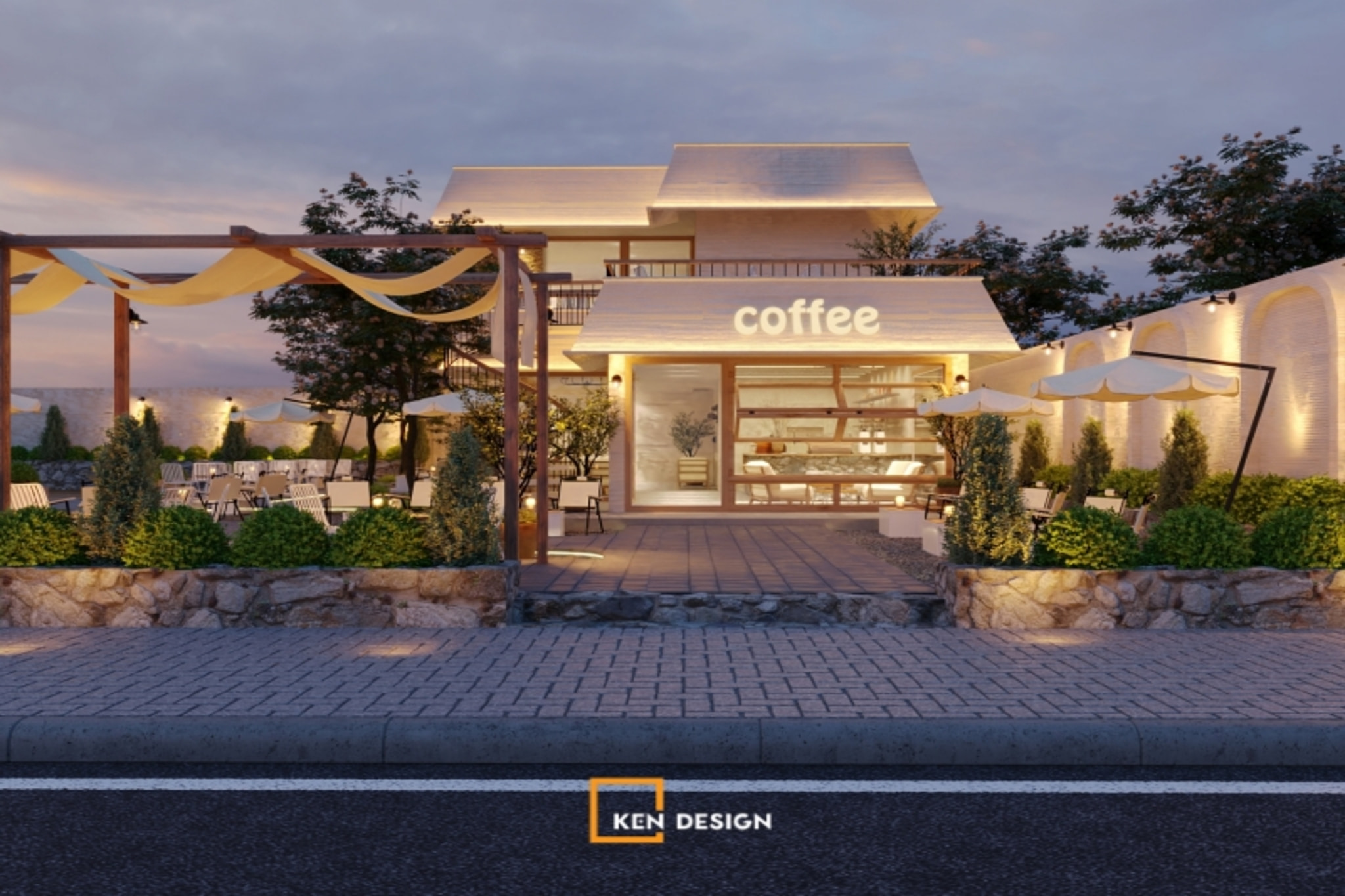 sân trước có ô dù, giàn pergola và tường vòm trắng trong thiết kế quán cafe phong cách hiện đại