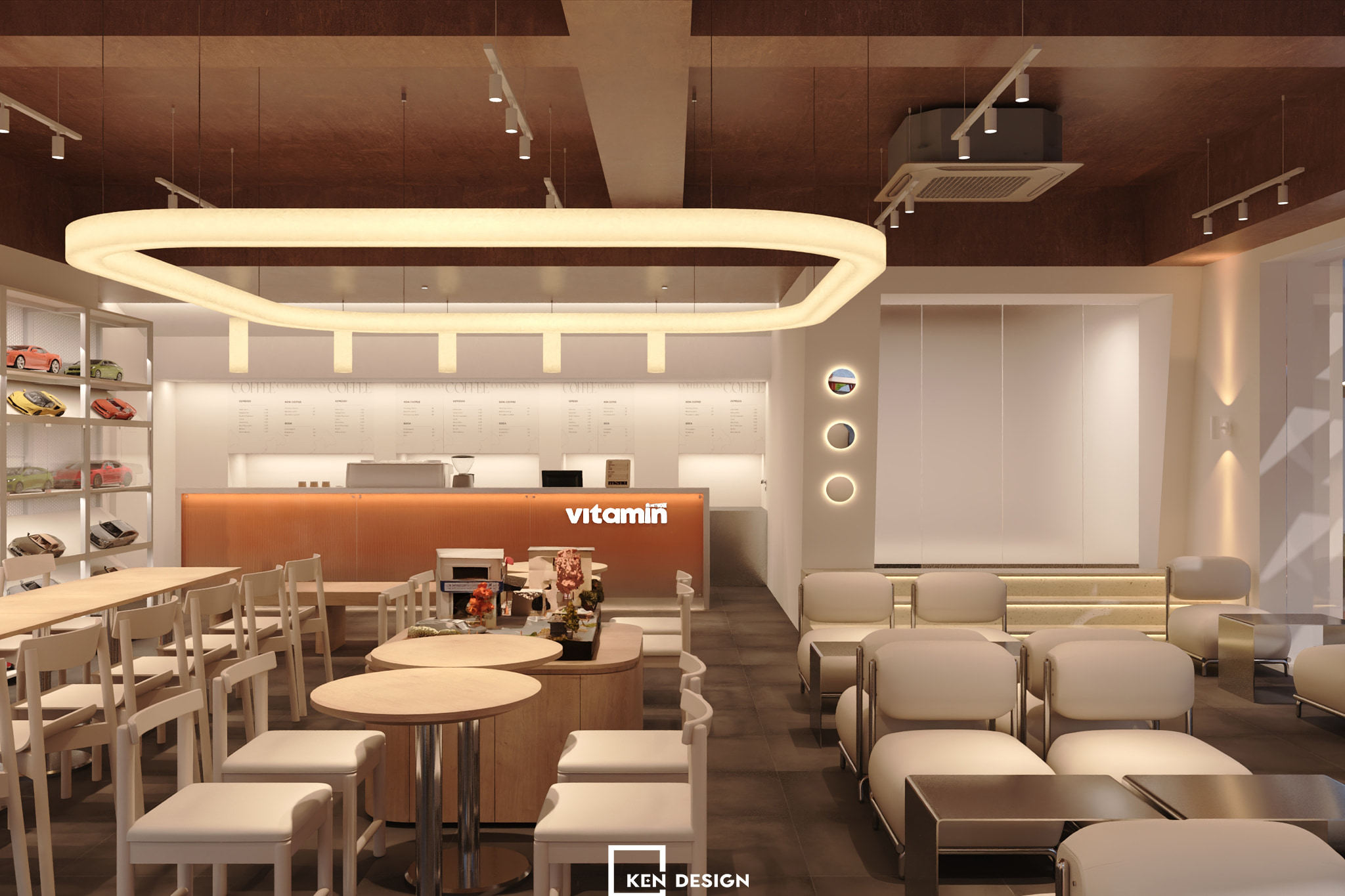 quầy pha chế tông cam và đèn vòng lớn trong thiết kế quán cafe phong cách hiện đại