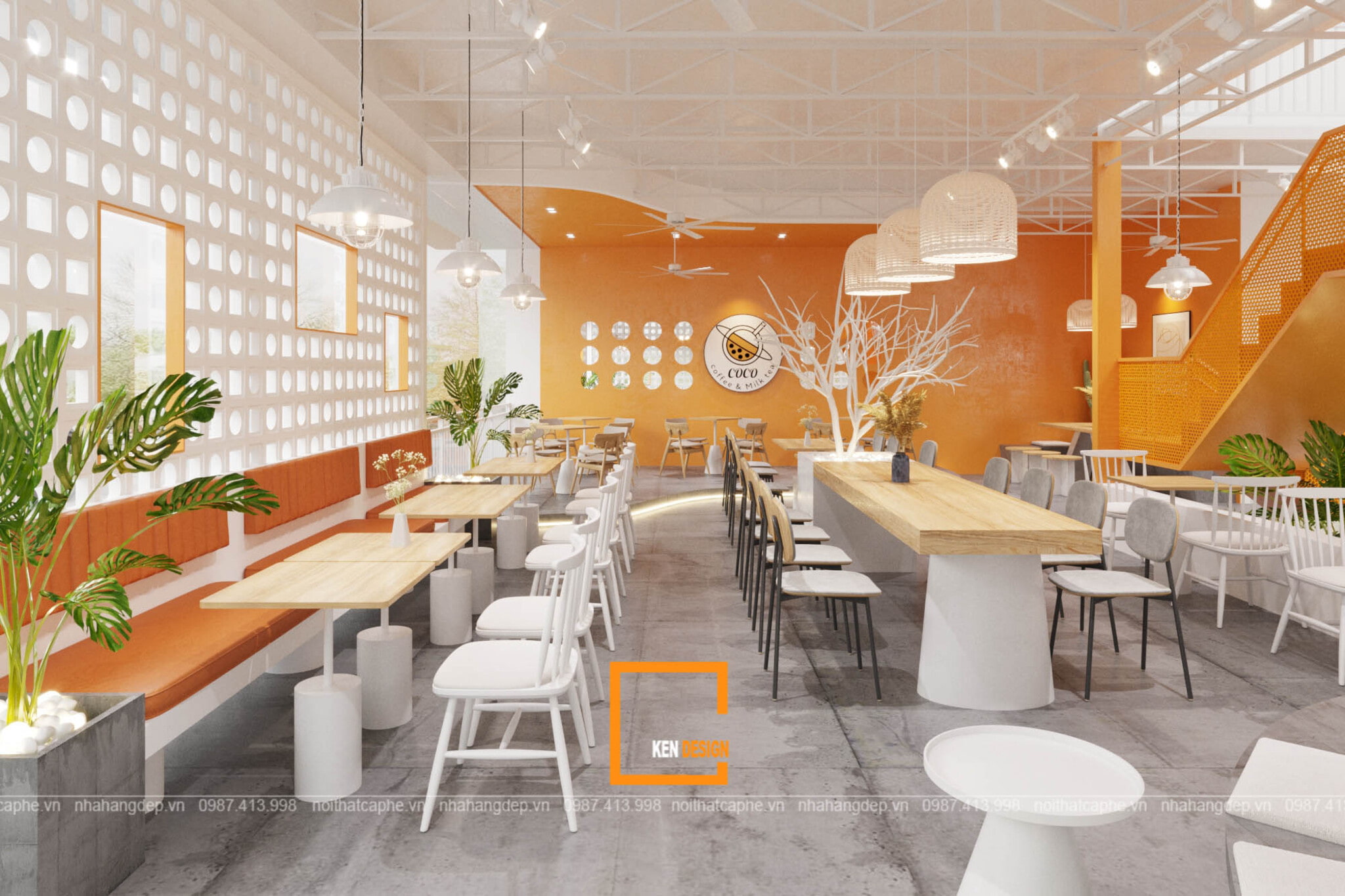 bức tường cam và tường gạch bông gió trắng trong thiết kế quán cafe phong cách hiện đại