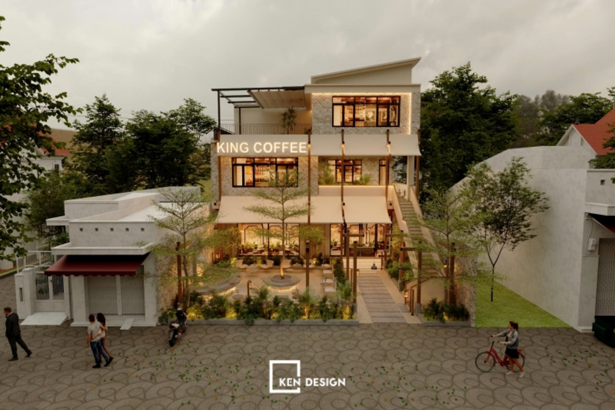 mặt tiền nhà phố ba tầng có sân vườn và mái che vải trong thiết kế quán cafe phong cách hiện đại
