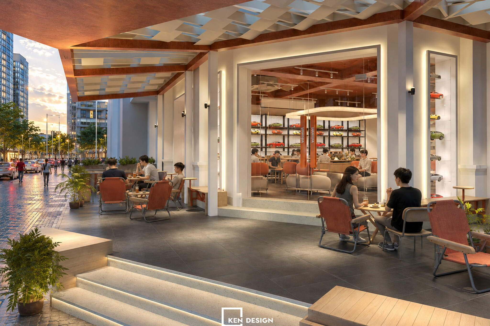 hiên ngoài trời có ghế gấp màu cam và bậc thang hắt đèn LED trong thiết kế quán cafe phong cách hiện đại