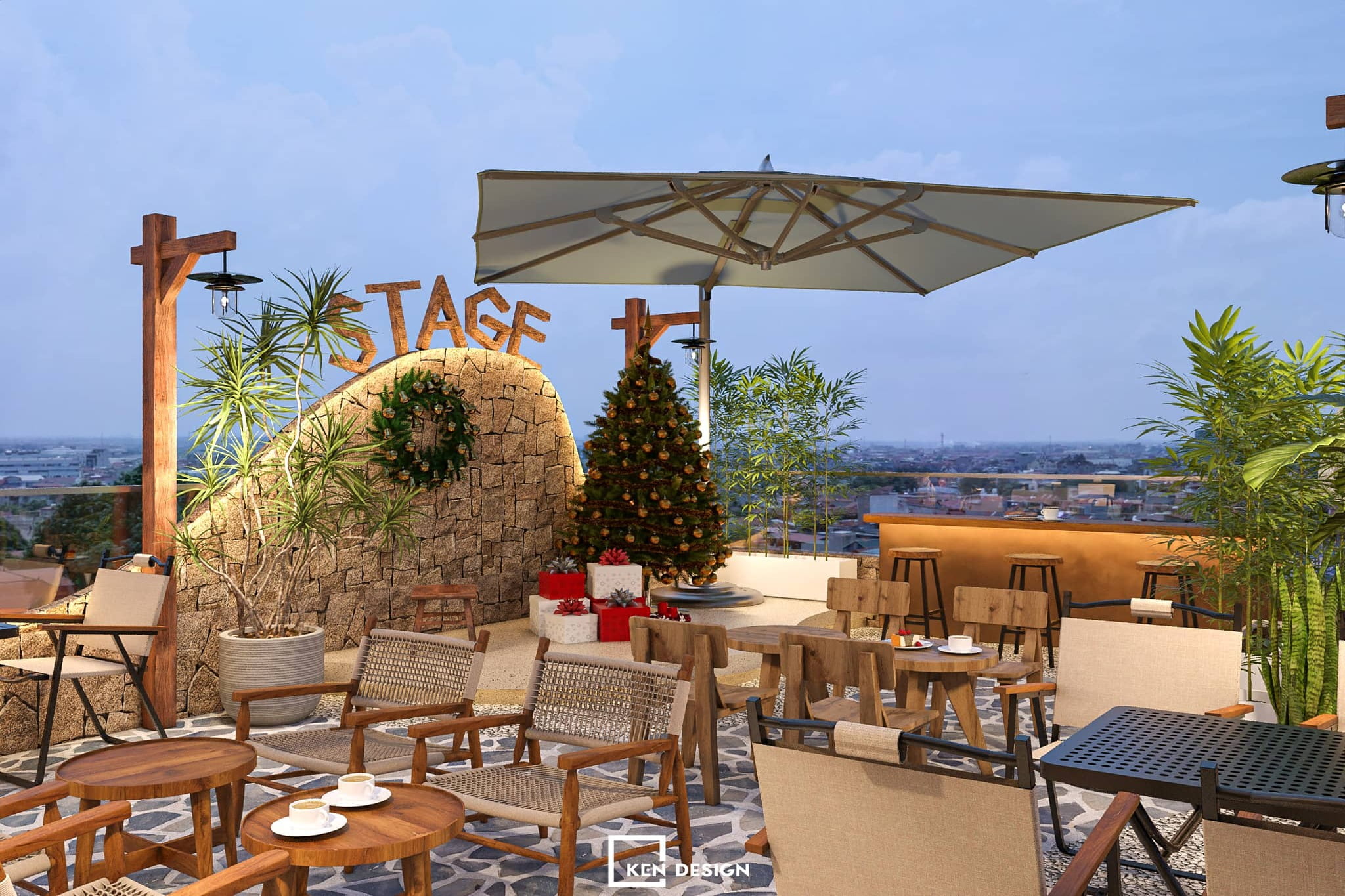 sân thượng có ô dù, tường đá bo cong và bàn ghế gỗ trong thiết kế quán cafe phong cách trẻ