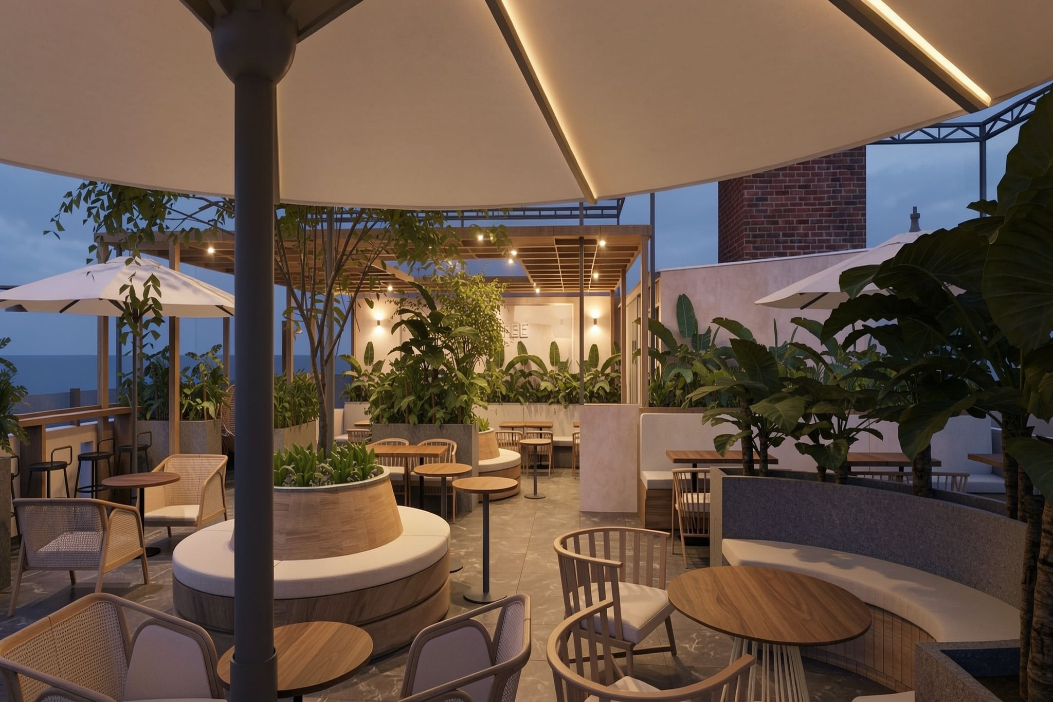 khu ngồi sân thượng có ô dù LED và bệ cây tròn trong thiết kế quán cafe phong cách trẻ