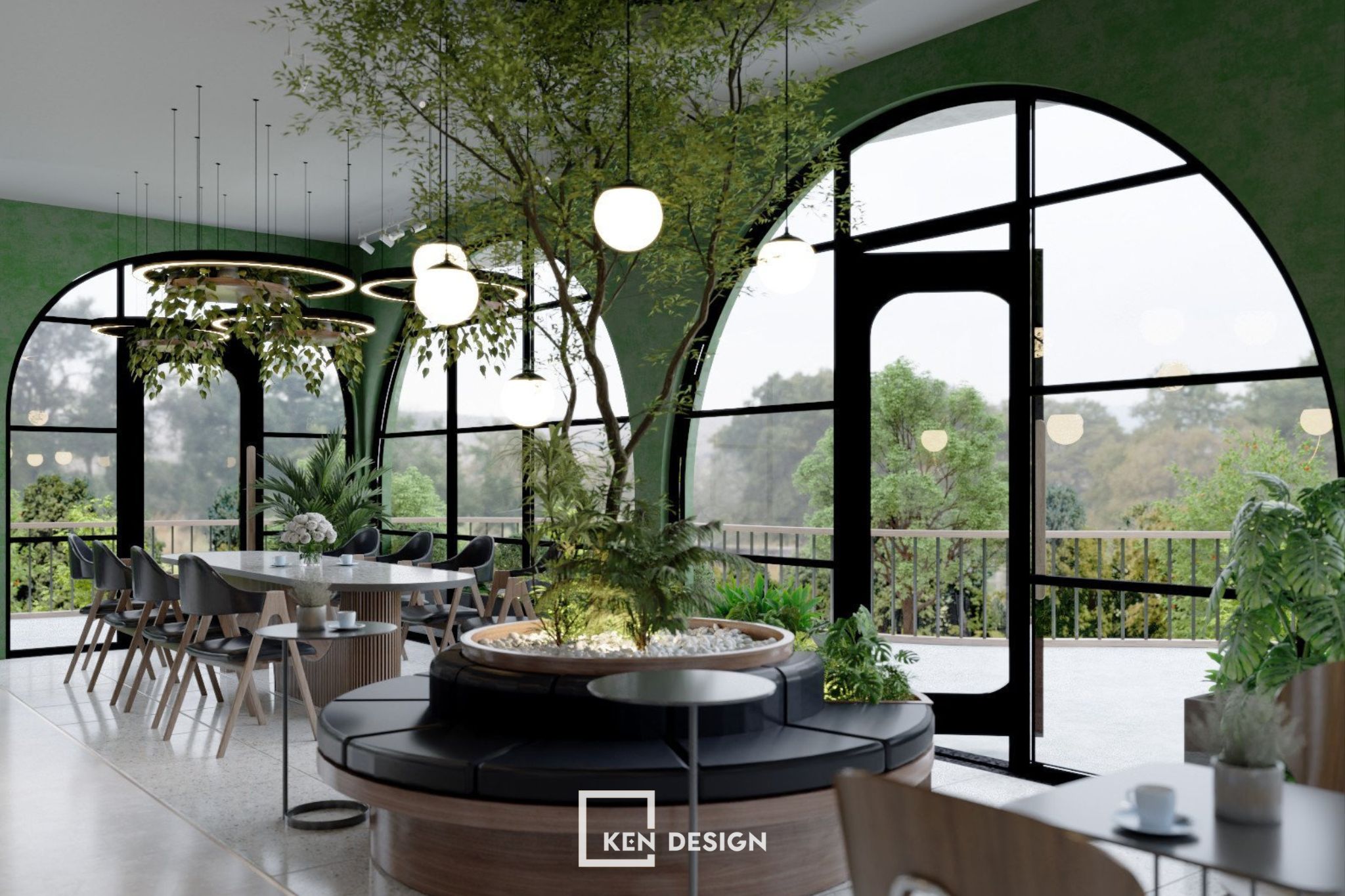 bệ ngồi tròn quanh cây xanh và cửa vòm kính trong thiết kế quán cafe phong cách trẻ