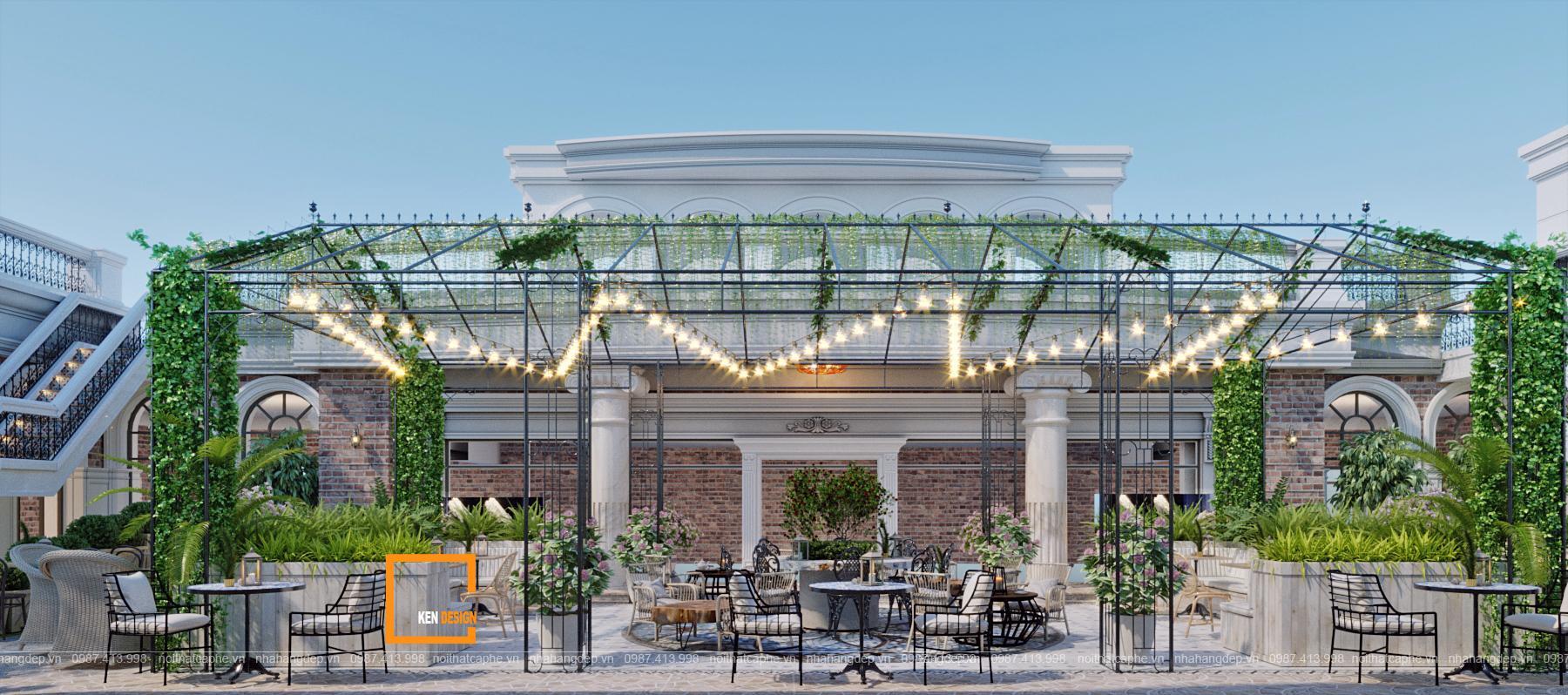 Thiết kế quán cà phê sân vườn kiến trúc tân cổ điển giúp bạn thoả sức khám phá phong cách của thời đại cổ điển nhưng vẫn hiện đại và sang trọng. Hãy cùng tận hưởng không gian độc đáo và chất lượng tốt tại quán cà phê này.