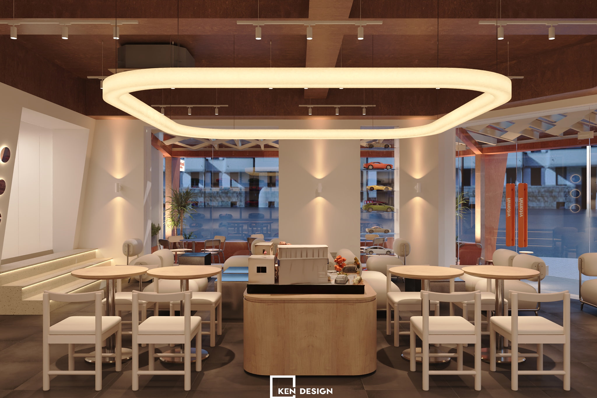Mẫu thiết kế quán cafe căn góc tông cam đất với đèn thả hình vòng