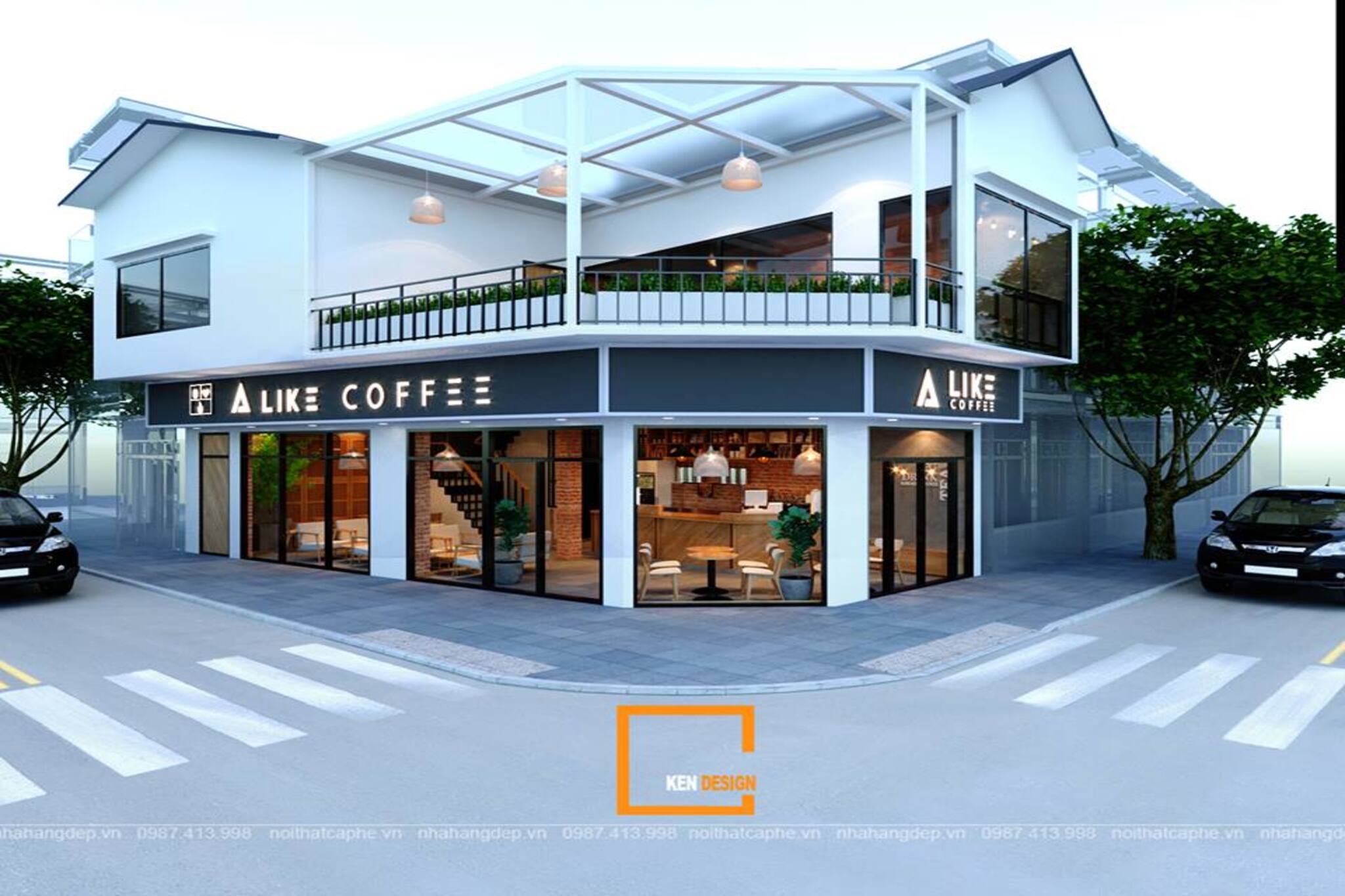 mẫu thiết kế quán cafe 2 mặt tiền hiện đại với bảng hiệu ôm góc và kính lớn