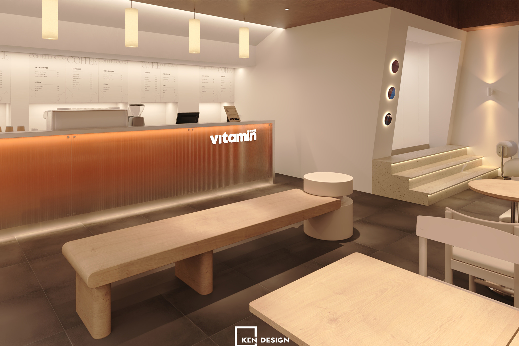 ghế băng gỗ và bậc thềm terrazzo trong thiết kế quán cafe Vitamin