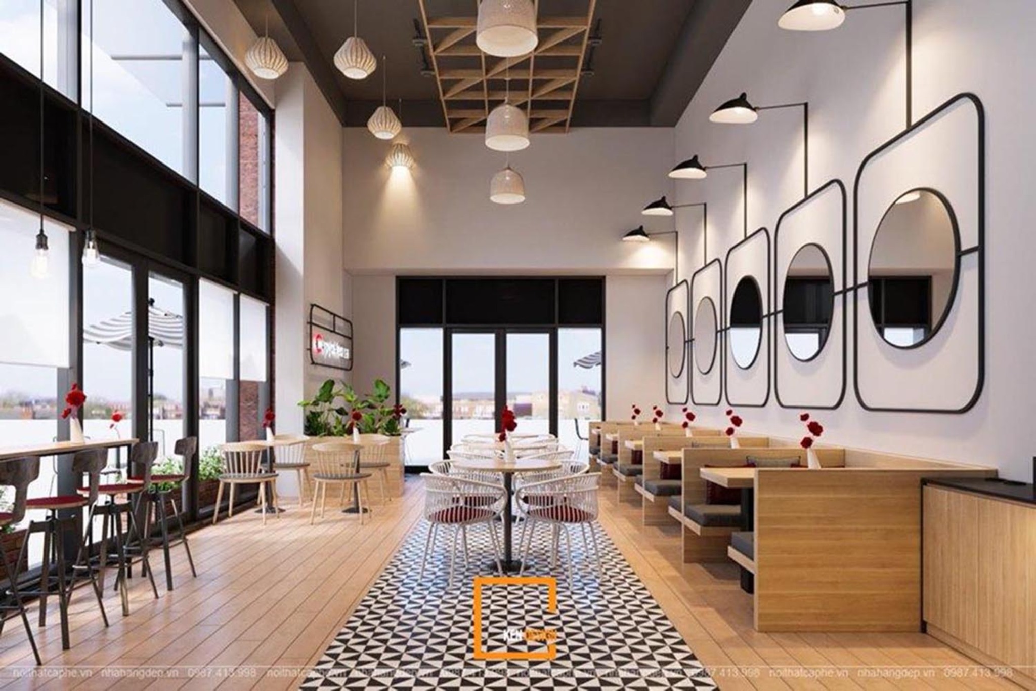 Sàn gạch bông và tường gương trong mẫu thiết kế quán cafe căn góc