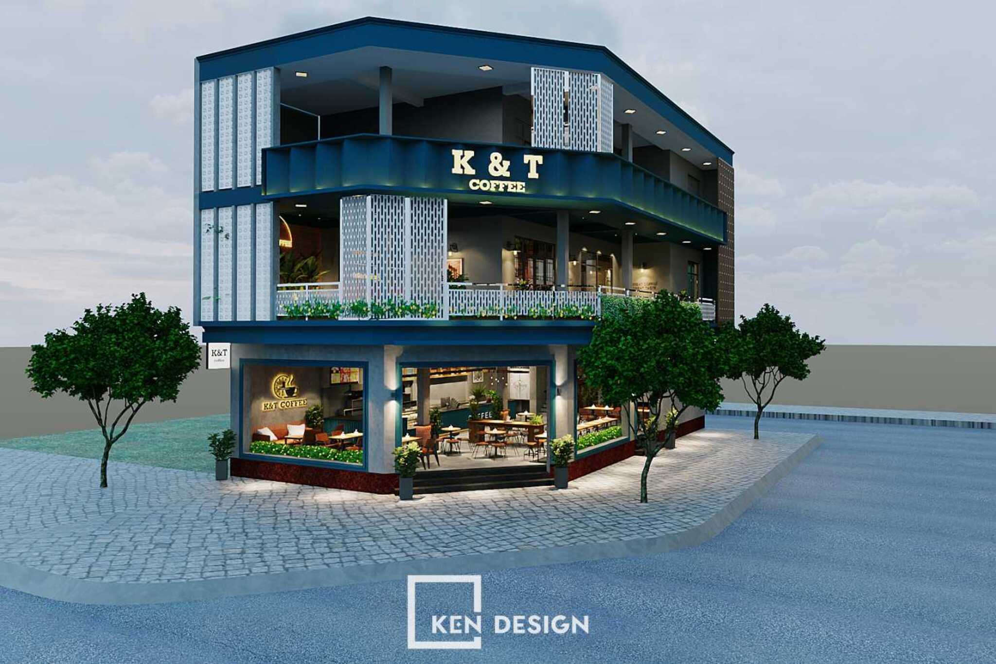 quán cafe góc phố hai mặt tiền với tấm lam đục lỗ và ban công cây xanh