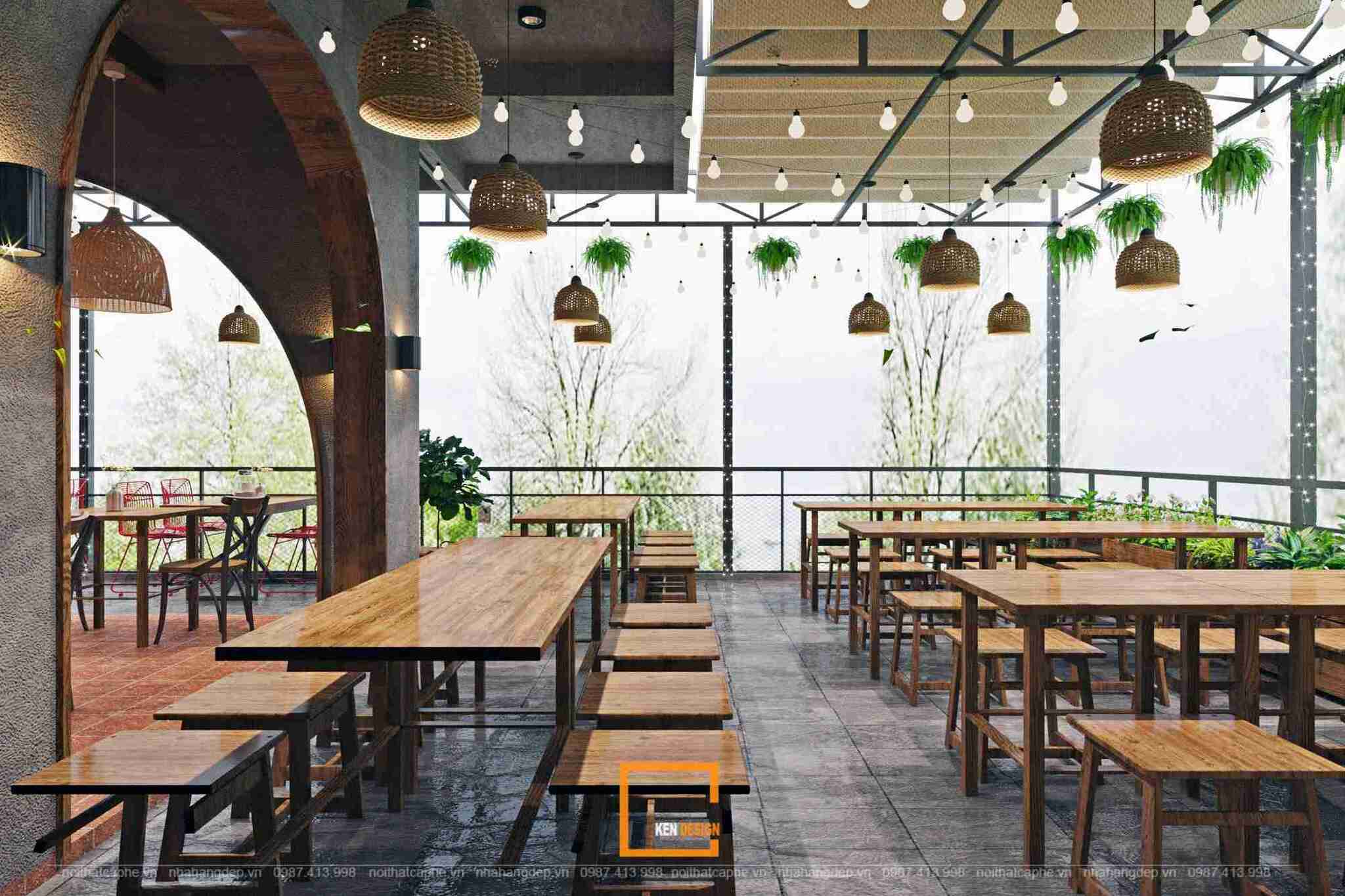 Sân thượng mái che trong mẫu thiết kế quán cafe căn góc