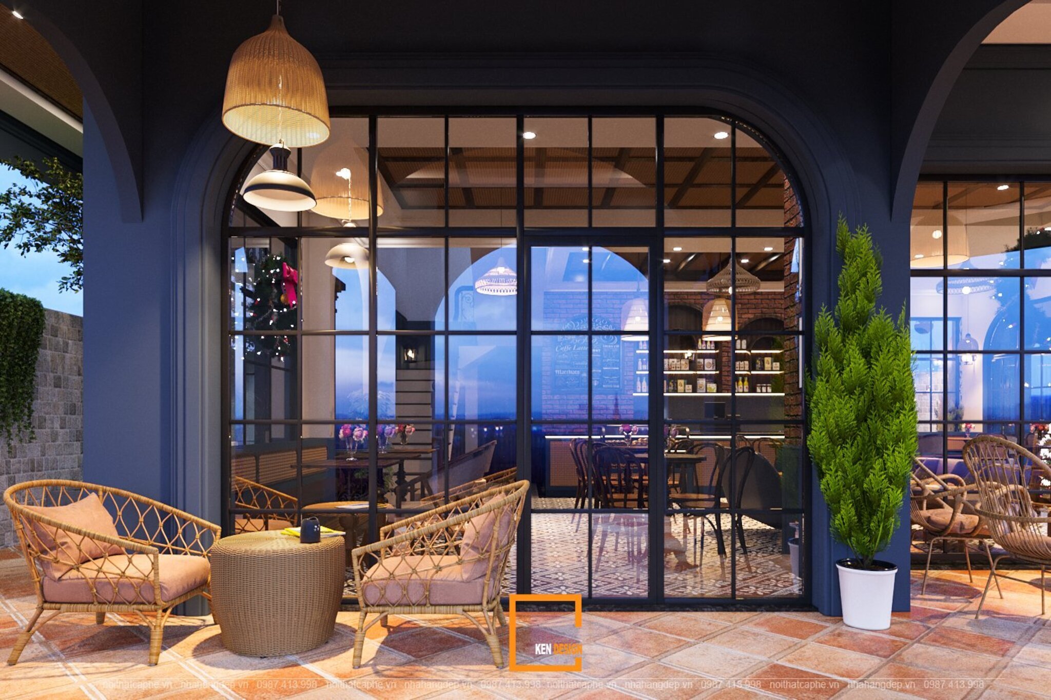 khu hiên quán cafe 2 mặt tiền với ghế mây và cửa kính vòm