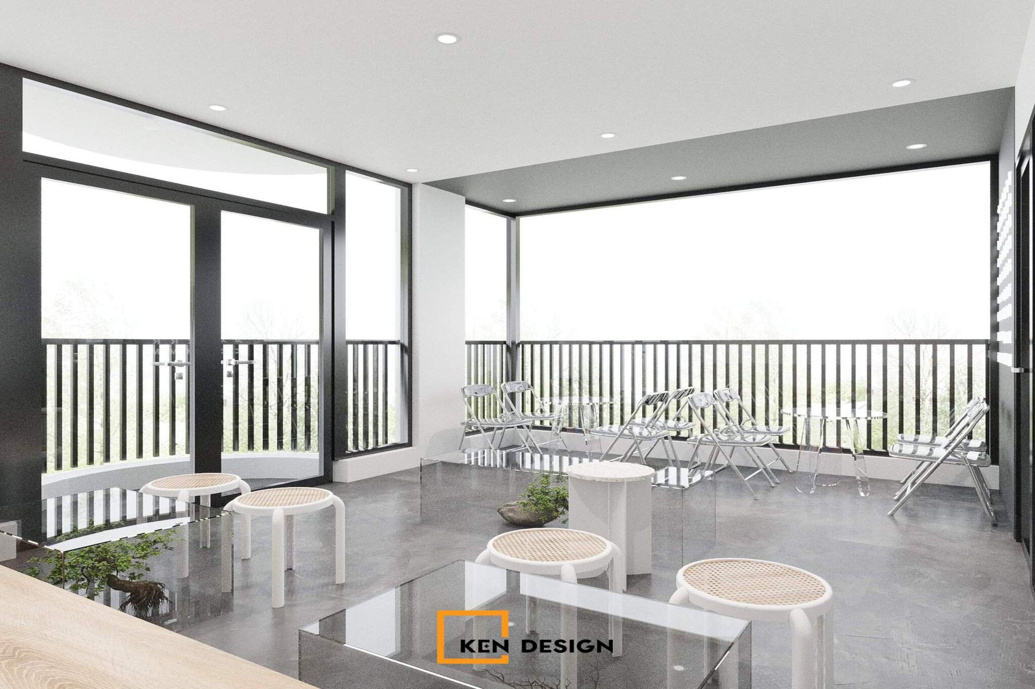 Ban công tầng trên của mẫu thiết kế quán cafe căn góc