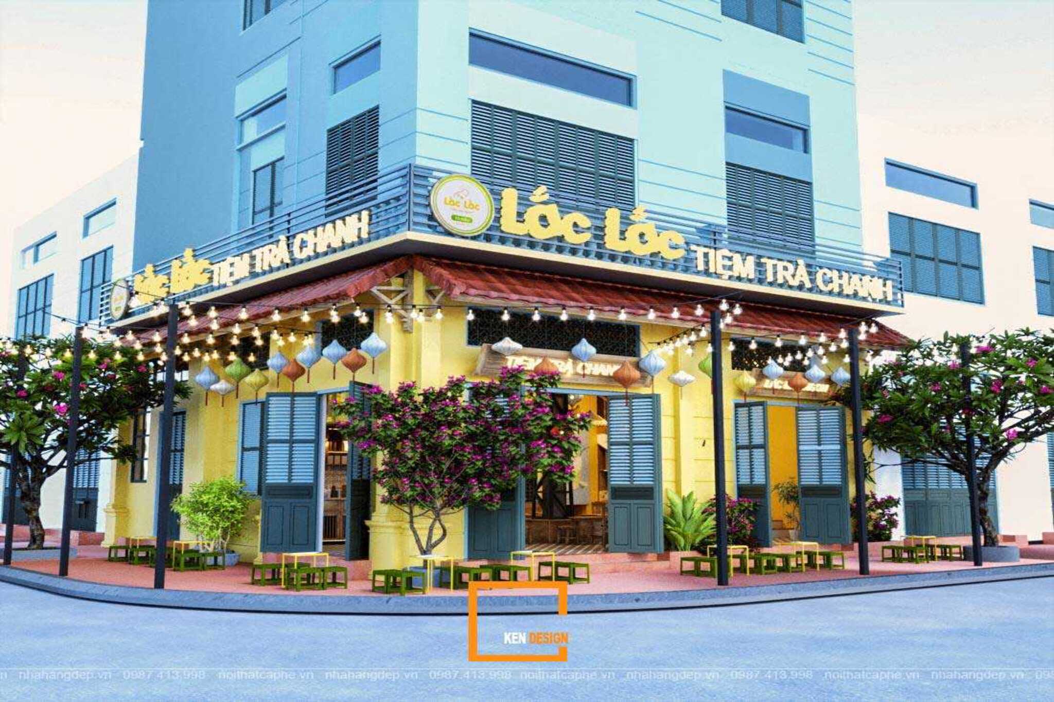 mẫu thiết kế quán cafe 2 mặt tiền phong cách hoài cổ với cửa chớp xanh và đèn lồng