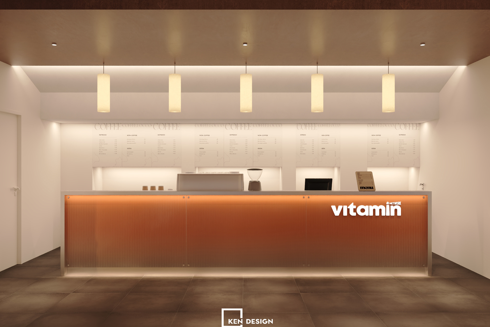 quầy bar vân sọc cam trong thiết kế quán cafe Vitamin