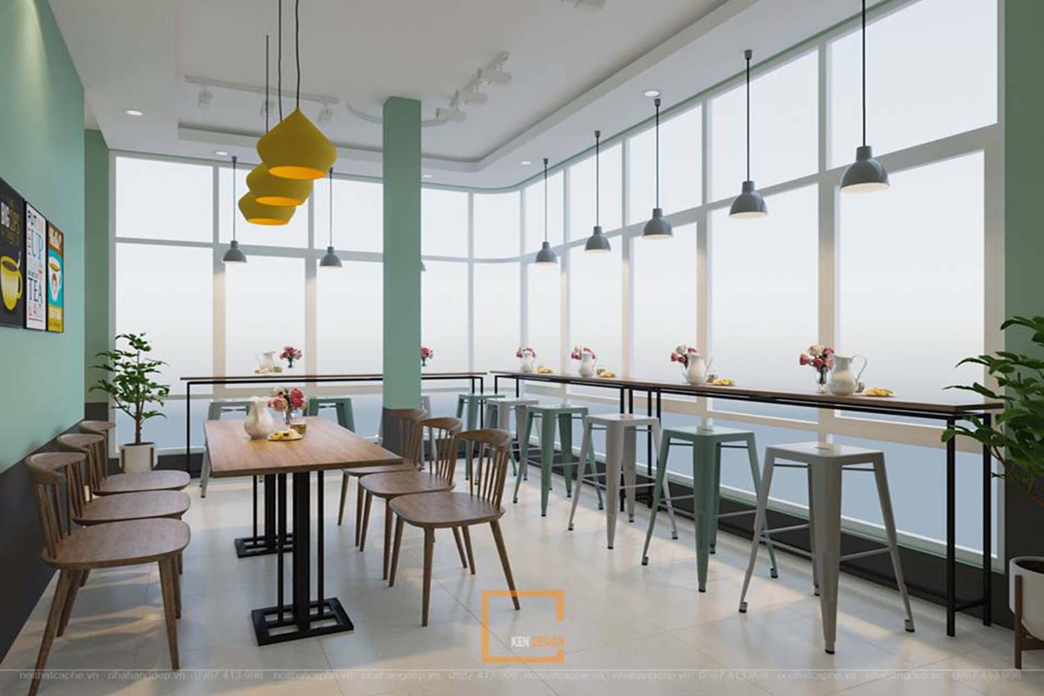 Dãy bàn bar sát kính trong mẫu thiết kế quán cafe căn góc tông xanh