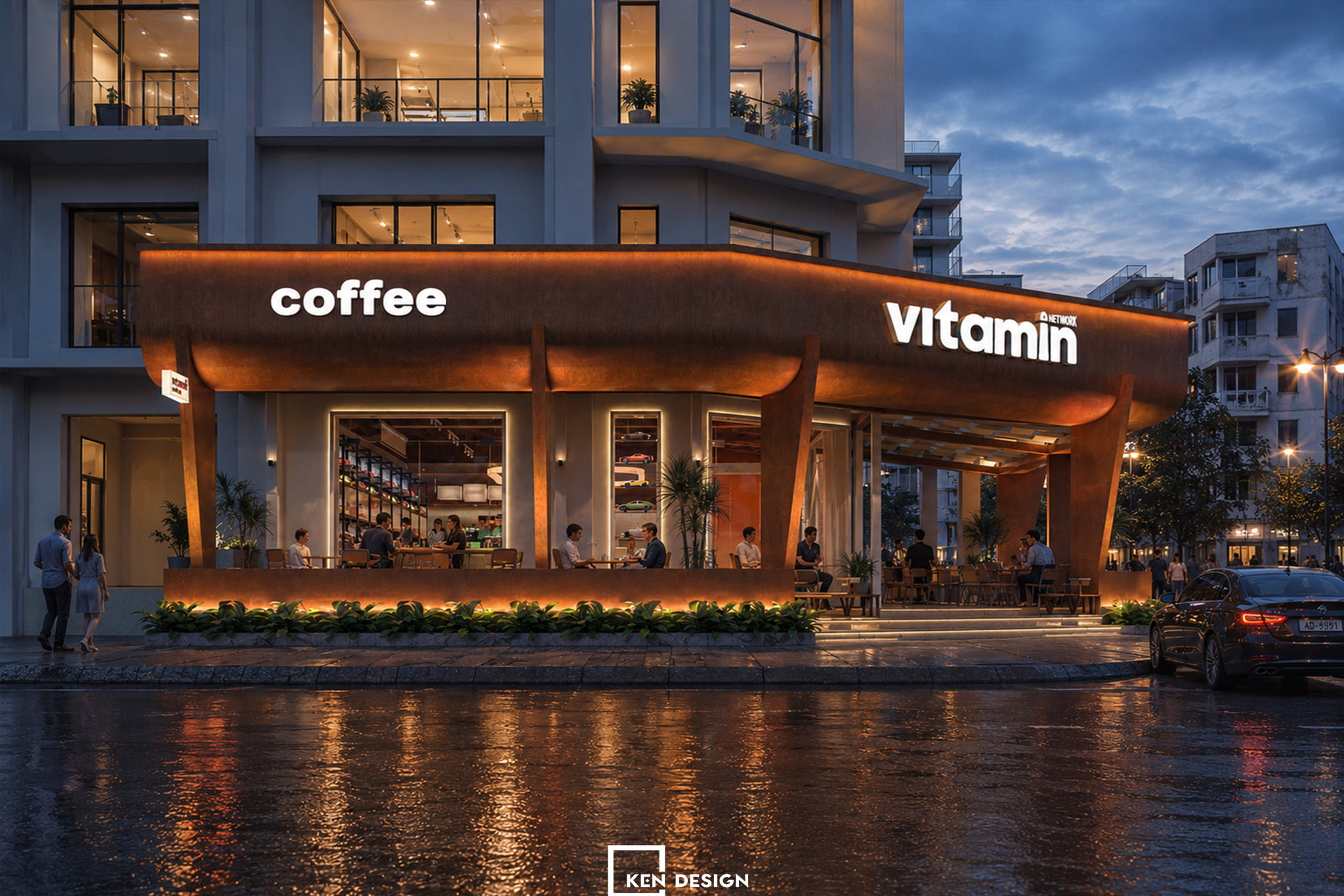 mặt tiền quán cafe với mái vòm cam đất trong thiết kế quán cafe Vitamin