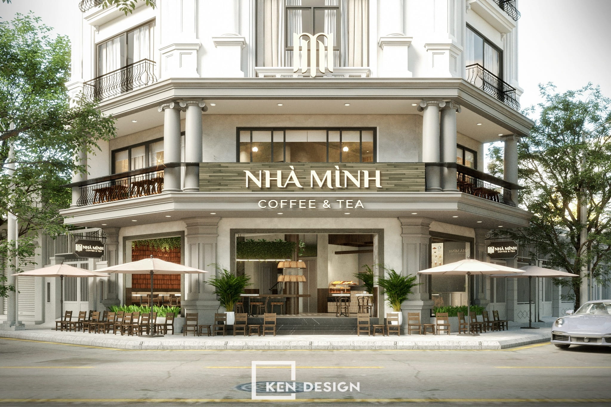 quán cafe 2 mặt tiền với ô dù và ghế gỗ trên vỉa hè