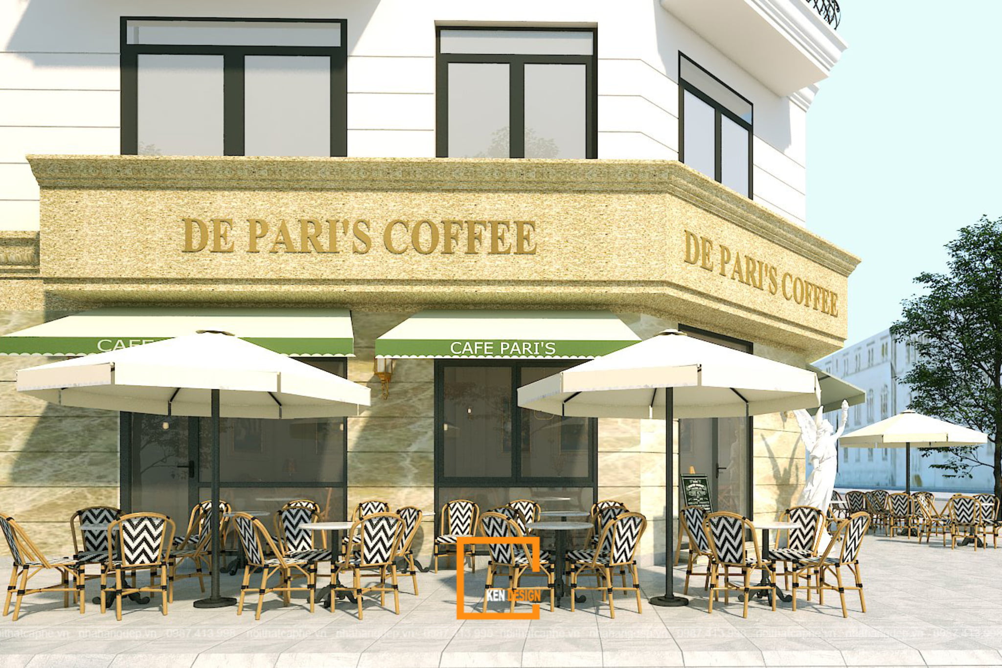 mặt tiền quán cafe 2 mặt tiền tân cổ điển với chữ vàng và mái hiên xanh