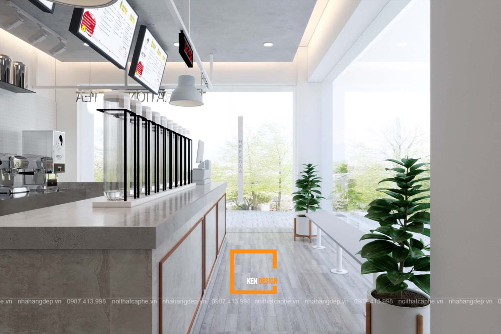 Quầy pha chế sáng màu trong mẫu thiết kế quán cafe căn góc