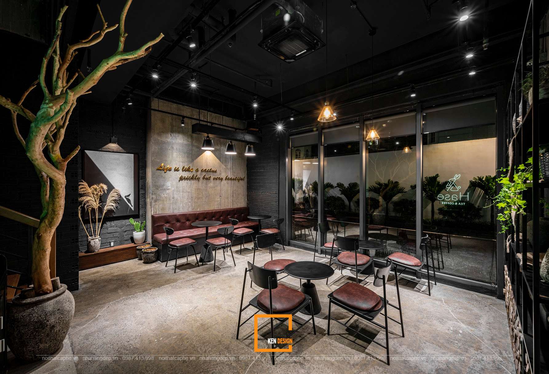 mẫu thiết kế quán cafe phong cách công nghiệp Hase Tea