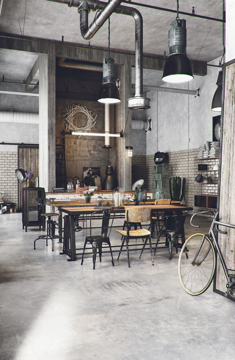 phong cách thiết kế quán Cafe sân vườn industrial;