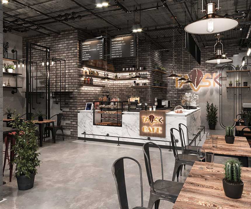 phong cách thiết kế quán Cafe sân vườn thiết kế mộc công nghiệp