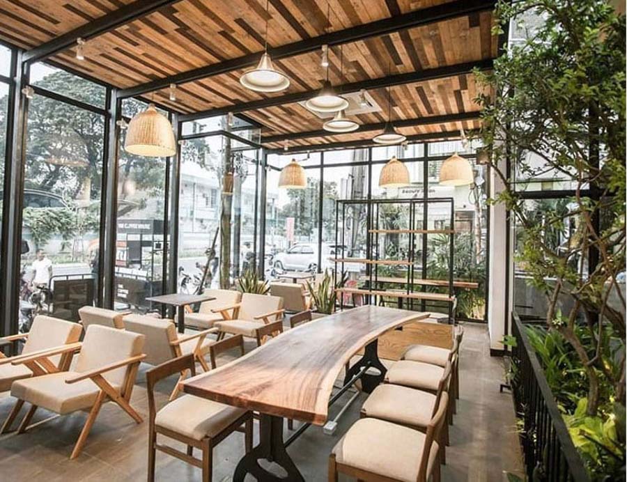 Thiết kế quán cafe khung thép giá rẻ - Phong cách tối giản, công nghiệp